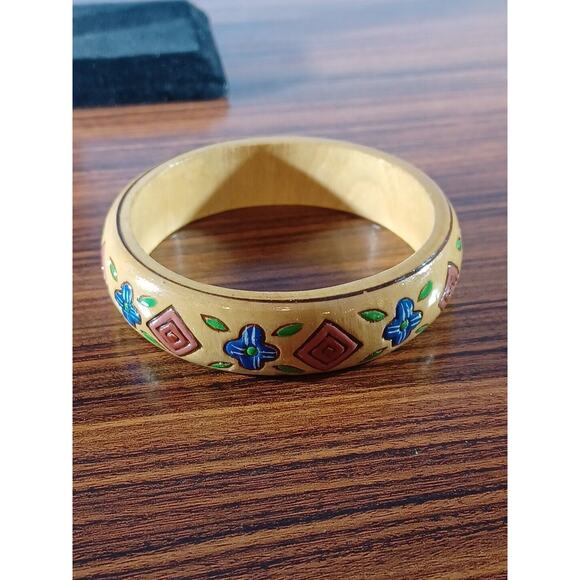 Vtg. Boho Hand Painted Wood Bangle Bracelet Floral/Geometric-Blue, Pink, Green - Picture 8 of 8